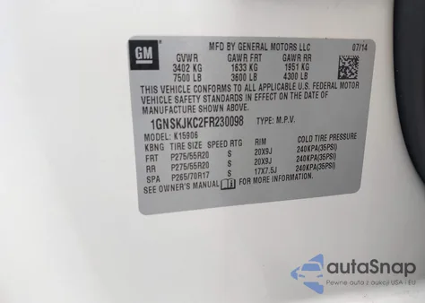 2015 Chevrolet Suburban 1500 Lt from USA, damaged, VIN 1GNSKJKC2FR230098